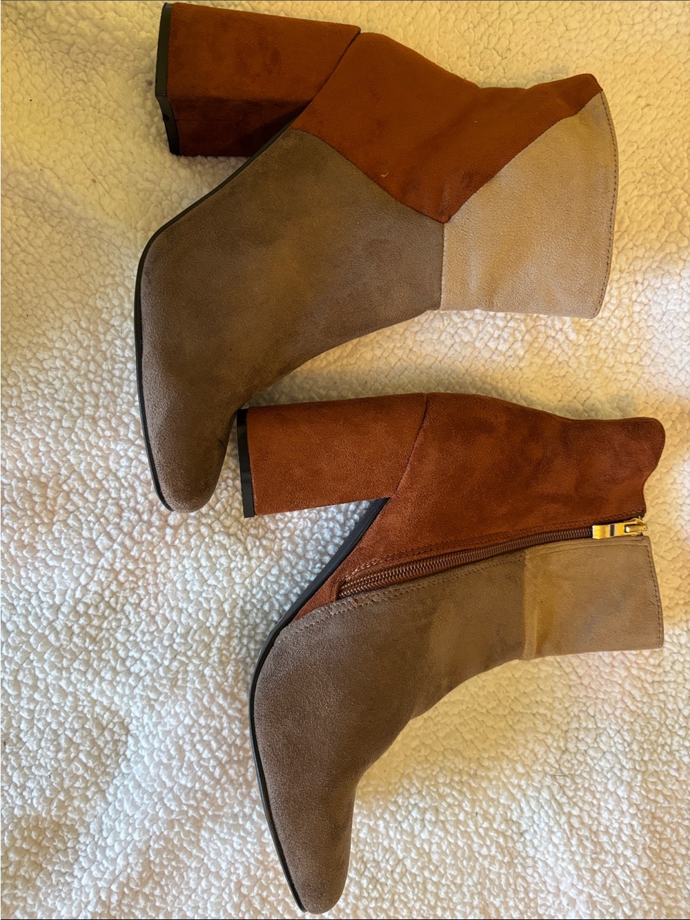 Colorblock Suede Ankle Booties - Brown/Tan/Cream